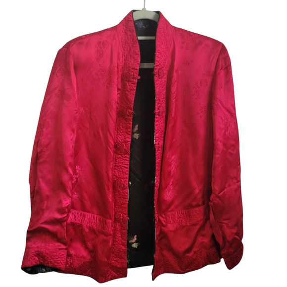 Vtg 1949 Reversible Chinese Silk Jacket Red Black Tang Floral Embroidered M - Picture 3 of 14